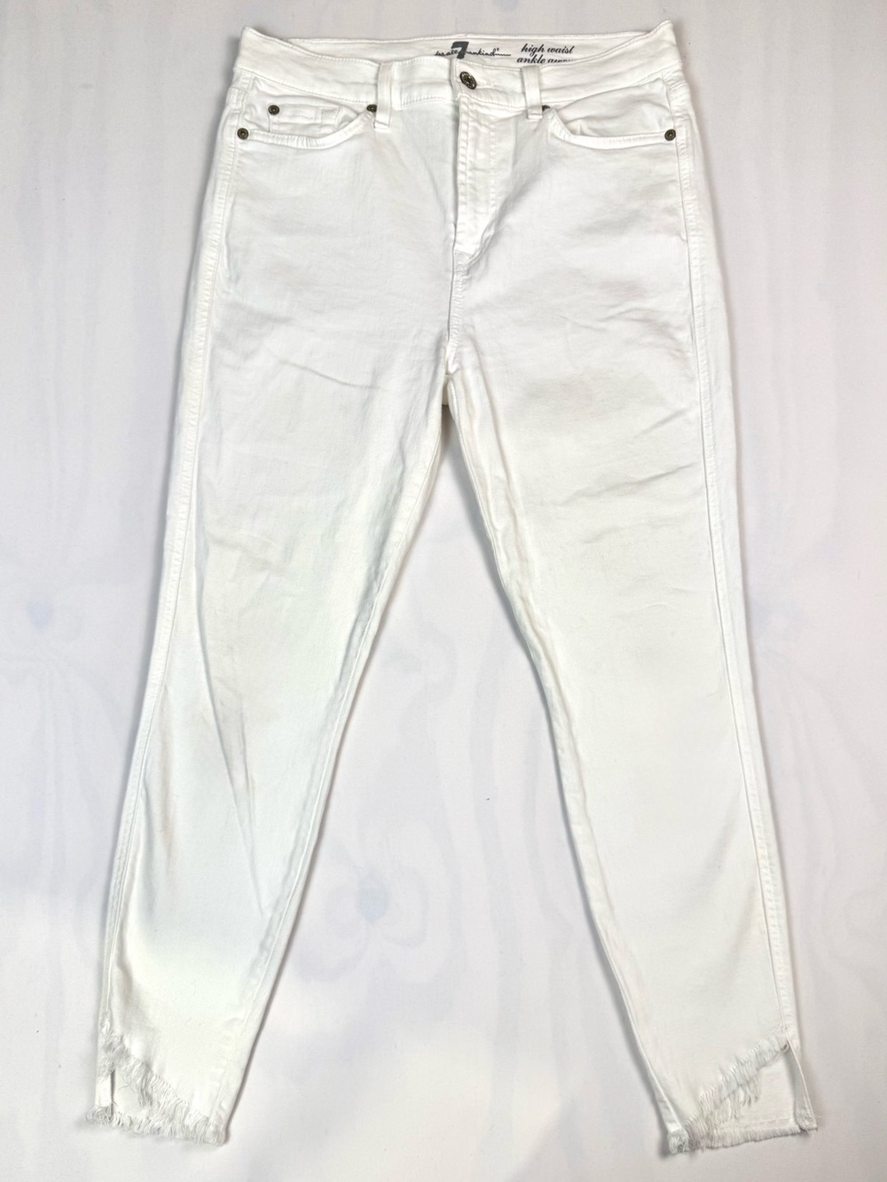 7 For All Mankind High Waist Ankle Guenevere White Skinny Jeans Frayed Hem 30